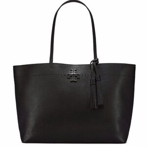 Tory Burch MCGRAW Black Leather Tote Bag with Tassel